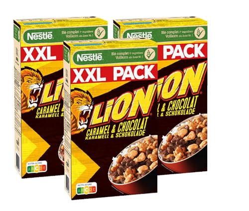 NESTLE LION Cereals, Schoko Cerealien mit Karamell und 41% Vollkorn, Frühstücksflocken mit Vitaminen & Mineralstoffen, 3er Pack (3x1,050kg) von NESTLE