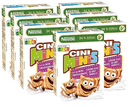 Nestlé Cini Minis, Cerealien mit Zimtgeschmack, 37% vitales Vollkorn, Mit Vitaminen, Calcium und Eisen, Krunchy Knusper Flakes, 7er Vorratspack (7 x 375g) von Nestlé