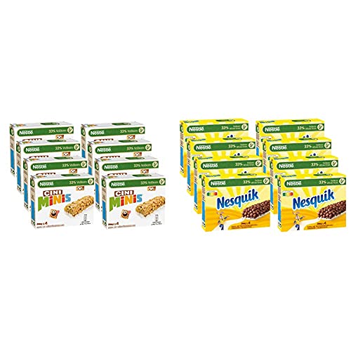 Nestlé Cini Minis Riegel, Cerealien mit Zimt-Geschmack, 8er Pack (à 4 x 25g) & Nesquik Riegel, Cerealien mit Vollkorn-Weizen & Kakao, Müsli-Riegel To Go, mit Calcium, 8er Pack (à 4 x 25g) von Nestlé