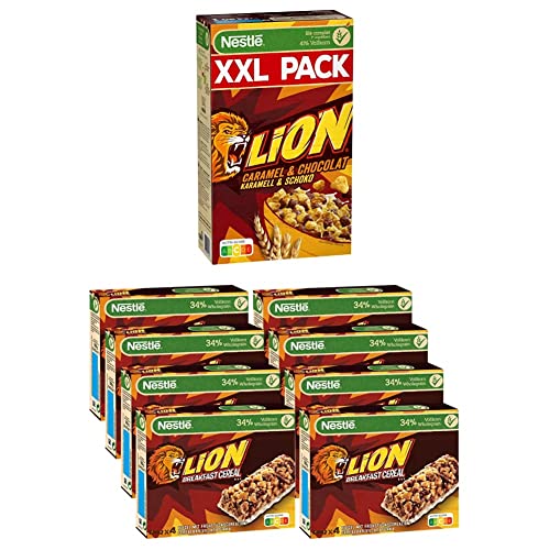 Nestlé LION Cereals, Karamell und Schoko Cerealien, XXL Packung, 1er Pack (1x1kg) + LION Breakfast Bars, knuspriger Frühstücksriegel mit Karamell & Milchschokolade, 8erPack (à 4x25g) von Nestlé