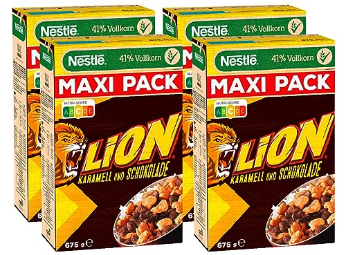 NESTLE Nestlé Lion Cereals, Cornflakes mit Schoko und Karamell Geschmack, 41% vitales Vollkorn, Mit Vitaminen und Mineralstoffen, Crunchy Knusper Flakes, Maxi Vorratspackung, 4er Pack (4x675g) von NESTLE