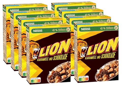 NESTLÉ LION Cereals, Schoko Cerealien mit Karamell und 41% Vollkorn, Frühstücksflocken mit Vitaminen & Mineralstoffen, 8er Pack (8x400g) von Nestlé