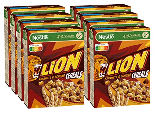 NESTLÉ LION Cereals, Schoko Cerealien mit Karamell und 41% Vollkorn, Frühstücksflocken mit Vitaminen & Mineralstoffen, 8er Pack (8x400g) von Nestlé