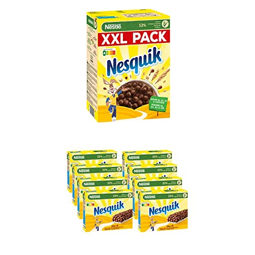 Nestlé NESQUIK Knusper-Frühstück, Schoko Cerealien, 1er XXL Pack (1x1kg) + NESQUIK Bars, Müsli-Riegel To Go mit Kakao, 8er Pack (à 4x25g) von Nestlé