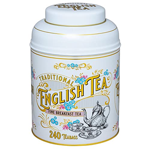 Teedose im viktorianischen Stil, mit 240 englischen Teebeuteln, groß, rund, elfenbeinfarben von New English Teas
