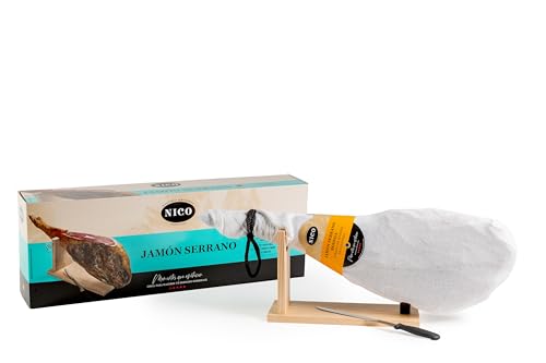 Grosser Serrano Hinterschinken, im Set mit Schinkenhalter und Messer, ein super Geschenk! von NICO JAMONES