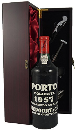 Niepoort Colheita Port 1957 in einer mit Seide ausgestatetten Geschenkbox. Da zu vier Wein Zubehör, Korkenzieher,Giesser,Kapselabschneider,Weinthermometer von Niepoort