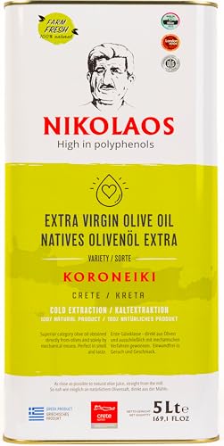Olivenöl 5 L aus Kreta, Griechenland – „NIKOLAOS“ Premium-Qualität, reich an Polyphenolen, extra nativ, kaltgepresst. Neue Ernte: Dez. 2024 – Feb. 2025. Mind. haltbar bis: Sept. 2026. von Nikolaos & Dimitrios Family Corporation
