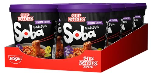 Nissin Cup Noodles Soba – Sweet & Sour, 8er Pack, Wok Style Instant-Nudeln mit süß-saurer Sauce und Gemüse, vegan, schnell im Becher zubereitet, asiatisches Essen (8 x 88 g) von Nissin