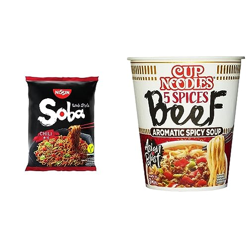 Nissin Soba Bag – Chili, 9er Pack, Wok Style Instant-Nudeln japanischer Art & Cup Noodles – 5 Spices Beef, Einzelpack, Soup Style Instant-Nudeln japanischer Art von NISSIN