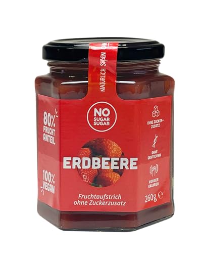 NO SUGAR SUGAR Fruchtaufstrich Erdbeere 260g ohne Zuckerzusatz mindestens 80% Fruchtanteil mit Erythrit und Stevia | Brotaufstrich Hergestellt in der EU von NoSugarSugar