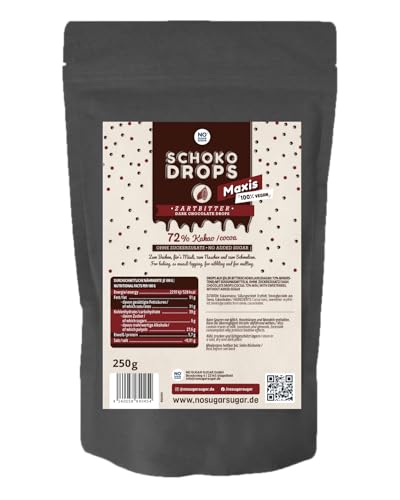 NO SUGAR SUGAR 250g Zartbitter Schokoladendrops mit 72% Kakao Anteil. Hergestellt ohne Zuckerzusatz, gesüßt mit Erythrit und Stevia von NoSugarSugar