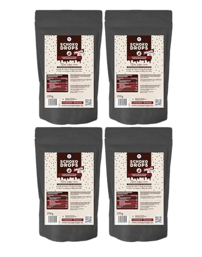 NO SUGAR SUGAR Vorteilspack 4x250g Zartbitter Schokoladendrops mit 72% Kakao Anteil. Hergestellt ohne Zuckerzusatz, gesüßt mit Erythrit und Stevia von NoSugarSugar