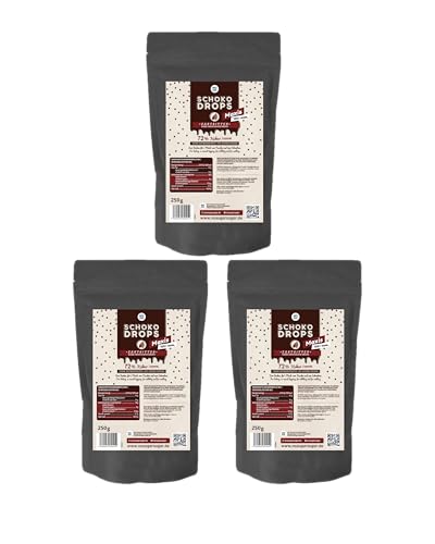 NO SUGAR SUGAR Vorteilspack 3x250g Schokodrops Zartbitter Schokolade mit 72% Kakao Anteil. Hergestellt ohne Zuckerzusatz, gesüßt mit Erythrit und Stevia von NoSugarSugar