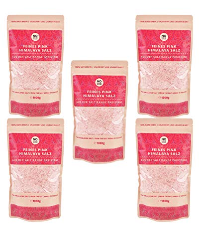 Pink Himalaya Salz Vorteilspreis 5x1kg, feine Körnung, Perfekt für Salzstreuer, Steinsalz/Kristallsalz aus Pakistan wählbar mit großem Mengenrabatt von NoSugarSugar