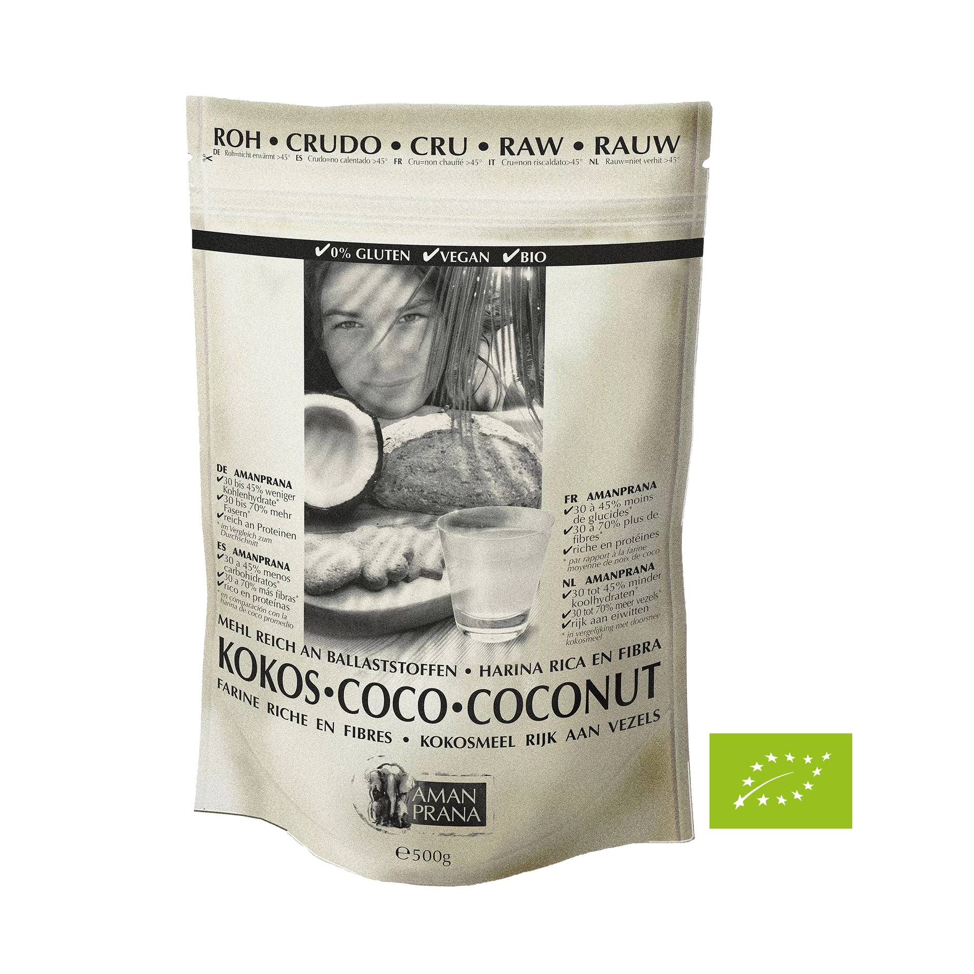 Kokosmehl 500 g in Bioqualität -  enthält 50 % Ballaststoffe aber nur 4 % Kohlenhydrate - vegan - Amanprana von Amanprana