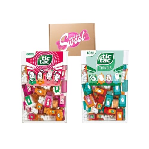 Tic Tac travels mix 2x228g - Needforsweet Box - perfekter Alltags- und Reisebegleiter, Munderfrischer Dragees in Erdbeere und Minze von Nohawa