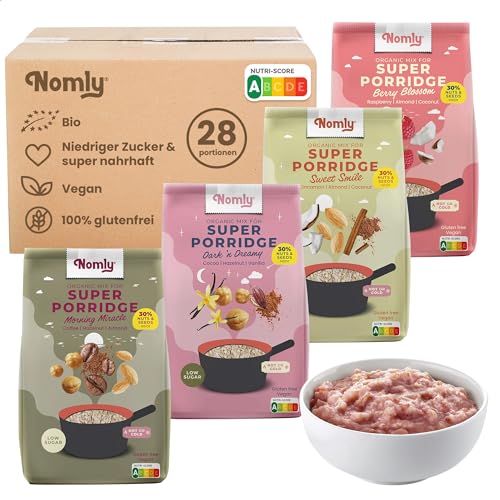 Nomly Bio Super Porridge Variety Pack | 4 x 280 g | Probieren Sie 4 köstliche Hafer Sorten: Zimt, Kakao, Kaffee & Himbeere | 28 Tage Frühstück | Glutenfrei, vegan & bio von Nomly