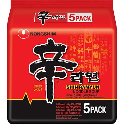 Nong Shim Instantnudeln Shin Ramyun – Koreanische Rindfleisch Ramen Suppe sehr scharf - schnelle Zubereitung – 1er Multipack - 5 x 120g von Nongshim