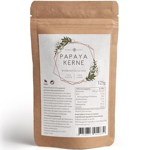 Papaya Kerne von Nordic Pure 125g | Papaya-Samen in Rohkostqualität | Papaya-Pfeffer ohne Zusatzstoffe - Hoher Papain Gehalt | Papaya-Enzym Papaya Kerne von Nordic Pure 125g | Papaya-Samen in Rohkostqualität | Papaya-Pfeffer ohne Zusatzstoffe - Hoher Papain Gehalt | Papaya-Enzym von Nordic Pure