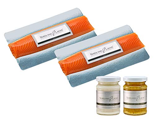 Gourmet-Set ROYAL - Geräuchertes Lachs Filet Royal mit 2 Gourmetsaucen/TOP Kühlversand (Gourmet-Set ROYAL 460g inkl 2 Lachs-Saucen) von Nordland-Lachs