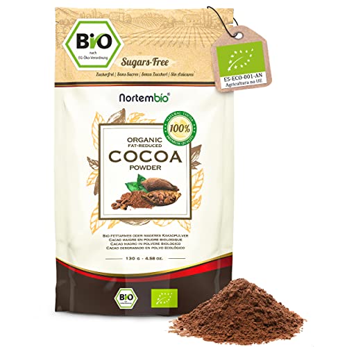 Nortembio Biologischer Fettarmes Kakaopulver 130 g. 100% Natürlich. Gourmet-Qualität. Kakao aus Ghana Glutenfrei und Zuckerfrei, Vegan und Laktosefrei. Behälter mit Zip-Verschluss. von Nortembio