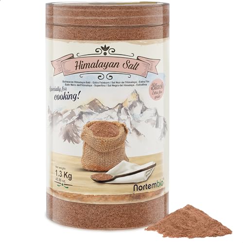 Nortembio Himalaya Schwarzsalz 1,3 Kg. Extra fein (0,5-1 mm). Kala Namak. 100% Natürliches Gourmetsalz. Eiergeschmack. Veganes Kochen. Unraffiniert. Ohne Konservierungsstoffe. Aus Punjab Pakistan. von Nortembio