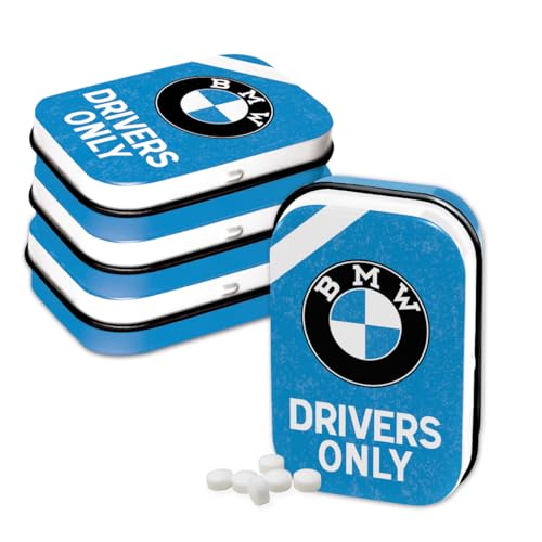 Nostalgic-Art Retro Pillendose, 4 x 6 x 1,6 cm, BMW – Drivers Only Blue (4er-Set) – Geschenk-Idee für BMW Accessoires Fans, Original Lizenzprodukt (OLP), mit Pfefferminz-Dragees, Vintage Design von Nostalgic-Art