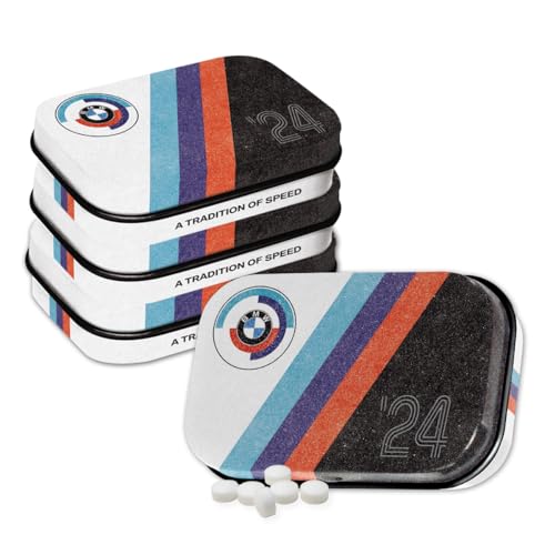 Nostalgic-Art Retro Pillendose, 4 x 6 x 1,6 cm, BMW Motorsport – Tradition (4er-Set) – Geschenk-Idee für BMW Accessoires Fans, Original Lizenzprodukt (OLP), mit Pfefferminz-Dragees, Vintage Design von Nostalgic-Art