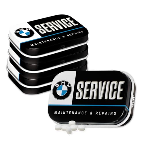 Nostalgic-Art Retro Pillendose, 4 x 6 x 1,6 cm, BMW – Service (4er-Set) – Geschenk-Idee für BMW Accessoires Fans, Original Lizenzprodukt (OLP), mit Pfefferminz-Dragees, Vintage Design von Nostalgic-Art
