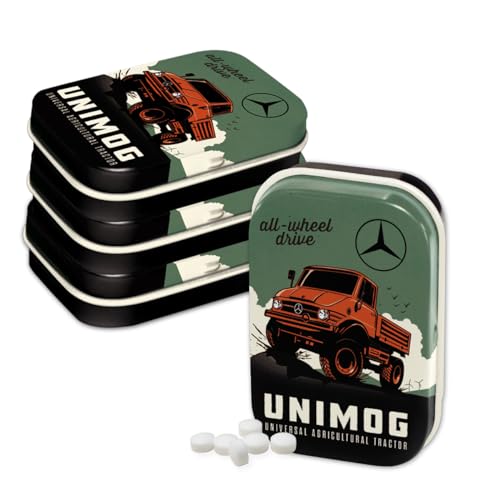 Nostalgic-Art Retro Pillendose, 4 x 6 x 1,6 cm, Daimler Truck – Unimog (4er-Set) – Geschenk-Idee für Trucker, Original Lizenzprodukt (OLP), mit Pfefferminz-Dragees, Vintage Design von Nostalgic-Art