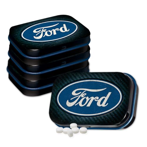 Nostalgic-Art Retro Pillendose, 4 x 6 x 1,6 cm, Ford – Logo Blue Shine (4er-Set) – Geschenk-Idee für Ford-Zubehör Fans, Original Lizenzprodukt (OLP), mit Pfefferminz-Dragees, Vintage Design von Nostalgic-Art