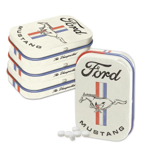 Nostalgic-Art Retro Pillendose, 4 x 6 x 1,6 cm, Ford Mustang – Horse Logo (4er-Set) – Geschenk-Idee für Ford-Zubehör Fans, Original Lizenzprodukt (OLP), mit Pfefferminz-Dragees, Vintage Design von Nostalgic-Art