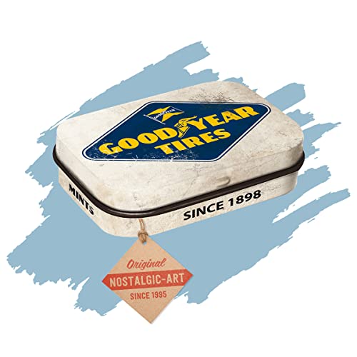 Nostalgic-Art Retro Pillendose, 4 x 6 x 1,6 cm, Goodyear – Logo White – Geschenk-Idee für Motor-Fans, mit Pfefferminz-Dragees, Vintage Design von Nostalgic-Art