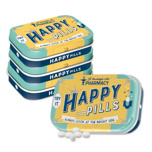 Nostalgic-Art Retro Pillendose, 4 x 6 x 1,6 cm, Happy Pills (4er-Set), mit Pfefferminz-Dragees, Vintage Design von Nostalgic-Art