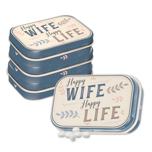 Nostalgic-Art Retro Pillendose, 4 x 6 x 1,6 cm, Happy Wife Happy Life (4er-Set) – Geschenk-Idee mit tollem Spruch, mit Pfefferminz-Dragees, Vintage Design von Nostalgic-Art