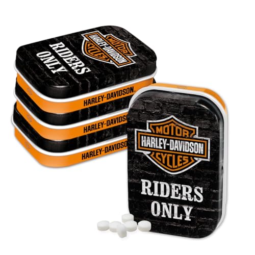 Nostalgic-Art Retro Pillendose, 4 x 6 x 1,6 cm, Harley-Davidson – Riders Only (4er-Set) – Geschenk-Idee für Biker, Original Lizenzprodukt (OLP), mit Pfefferminz-Dragees, Vintage Design von Nostalgic-Art