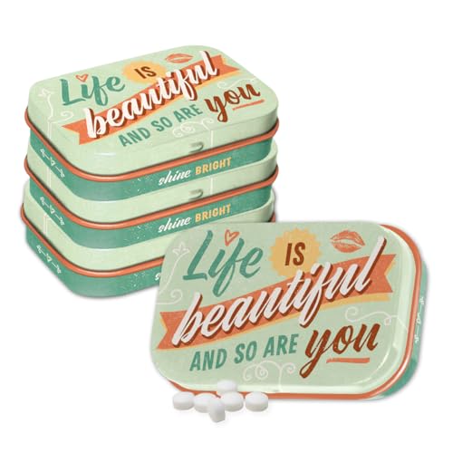 Nostalgic-Art Retro Pillendose, 4 x 6 x 1,6 cm, Life is beautiful (4er-Set) – Geschenk-Idee mit tollem Spruch, mit Pfefferminz-Dragees, Vintage Design von Nostalgic-Art