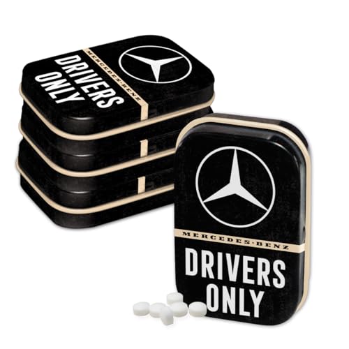 Nostalgic-Art Retro Pillendose, 4 x 6 x 1,6 cm, Mercedes-Benz – Drivers Only (4er-Set) – Geschenk-Idee für Mercedes-Benz Fans, Original Lizenzprodukt (OLP), mit Pfefferminz-Dragees, Vintage Design von Nostalgic-Art