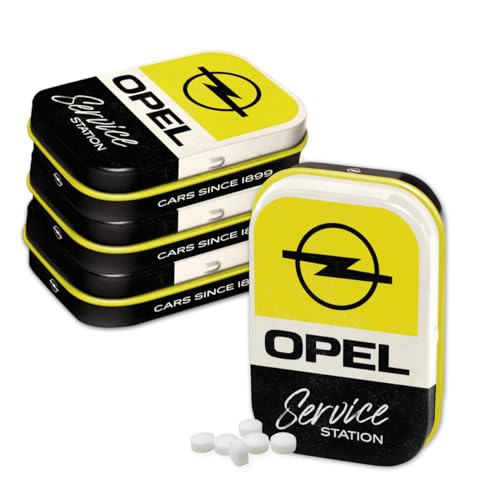 Nostalgic-Art Retro Pillendose, 4 x 6 x 1,6 cm, Opel – Service Station (4er-Set) – Geschenk-Idee für Opel-Zubehör Fans, Original Lizenzprodukt (OLP), mit Pfefferminz-Dragees, Vintage Design von Nostalgic-Art