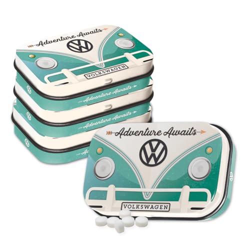 Nostalgic-Art Retro Pillendose, 4 x 6 x 1,6 cm, VW Bulli – Adventure Awaits (4er-Set) – Volkswagen Bus Geschenk-Idee, Original Lizenzprodukt (OLP), mit Pfefferminz-Dragees, Vintage Design von Nostalgic-Art