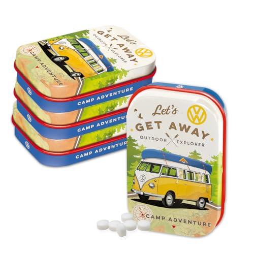 Nostalgic-Art Retro Pillendose, 4 x 6 x 1,6 cm, VW Bulli – Let's Get Away (4er-Set) – Volkswagen Bus Geschenk-Idee, Original Lizenzprodukt (OLP), mit Pfefferminz-Dragees, Vintage Design von Nostalgic-Art