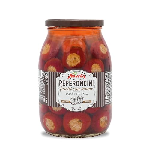 Novella PEPERONCINI FARCITI CON TONNO - Peperoni mit Thunfischfüllung - italienische Kirschpaprika - Antipasti-Vorspeise - fruchtig-scharf - 950 g im Glas Novella PEPERONCINI FARCITI CON TONNO - Peperoni mit Thunfischfüllung - italienische Kirschpaprika - Antipasti-Vorspeise - fruchtig-scharf - 950 g im Glas von Novella