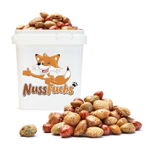 Erdnuss Cracker Mix 1kg-3kg - knackige Asia Cracker im Erdnussteigmantel mit Soja Sesam mit Erdnusskernen bunter Farbmix süßlich nussiger Geschmack Partysnack - NussFuch (1 kg Behälter) von NussFuchs