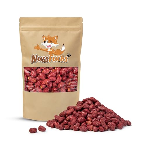 Gebrannte Erdnüsse Rot 1kg-3kg - Erdnüsse mit rotem Zuckerüberzug - Partysnack - Jahrmarkt/Weihnachtsmarkt Flair für Zuhause - Knusprige rote Erdnüsse - Knabberspaß - NussFuchs (1kg Beutel) von NussFuchs