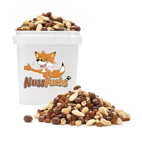 Nussmischung Schoko 1,5kg - Nuss Mix - 5 Sorten - mit Schoko-Erdnüssen - Rosinen - Erdnüsse geröstet - Mandeln blanchiert - Cashew Natur - knackige Nusskernmischung - NussFuchs (1,5kg Eimer) von NussFuchs