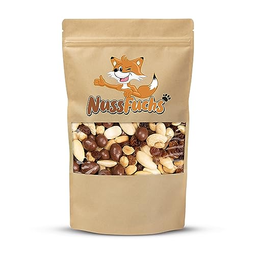 Nussmischung Schoko 1kg - Nuss Mix - 5 Sorten - mit Schoko-Erdnüssen - Rosinen - Erdnüsse geröstet - Mandeln blanchiert - Cashew Natur - knackige Nusskernmischung - NussFuchs (1kg Beutel) von NussFuchs