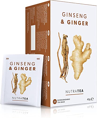 Nutra Tea Ginseng & Ginger - fördert Verdauung & Leistungsfähigkeit, Ingwertee trägt zur Aufrechterhaltung des Immunsystem bei, 20 wiederverwendbare Teebeutel, Kräutertee mit Ingwer & Ginseng von Nutra Tea