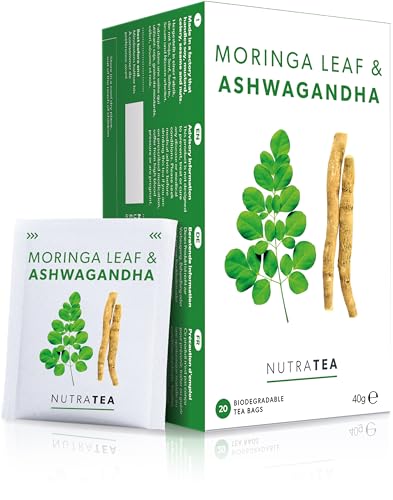 Nutra Tea Moringa-Blatt & Ashwagandha – Moringa-Teebeutel, Ashwagandha-Teebeutel – reich an essentiellen Nährstoffen & Cortisol-Balance – 40 einzeln verpackte Beutel – Kräuteraufguss (2er-Pack) von Nutra Tea