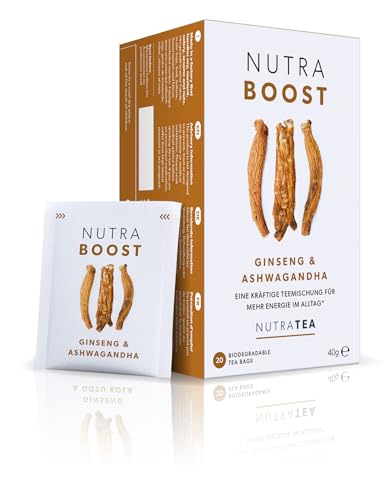 Nutra Tea NUTRABOOST, Ashwagandha Tee hilft körperliche und emotionale Ausdauer zu optimieren, wirkt Stressresistent und fördert Konzentration, 40 wiederverwendbare Teebeutel, Stressfrei Tee von Nutra Tea